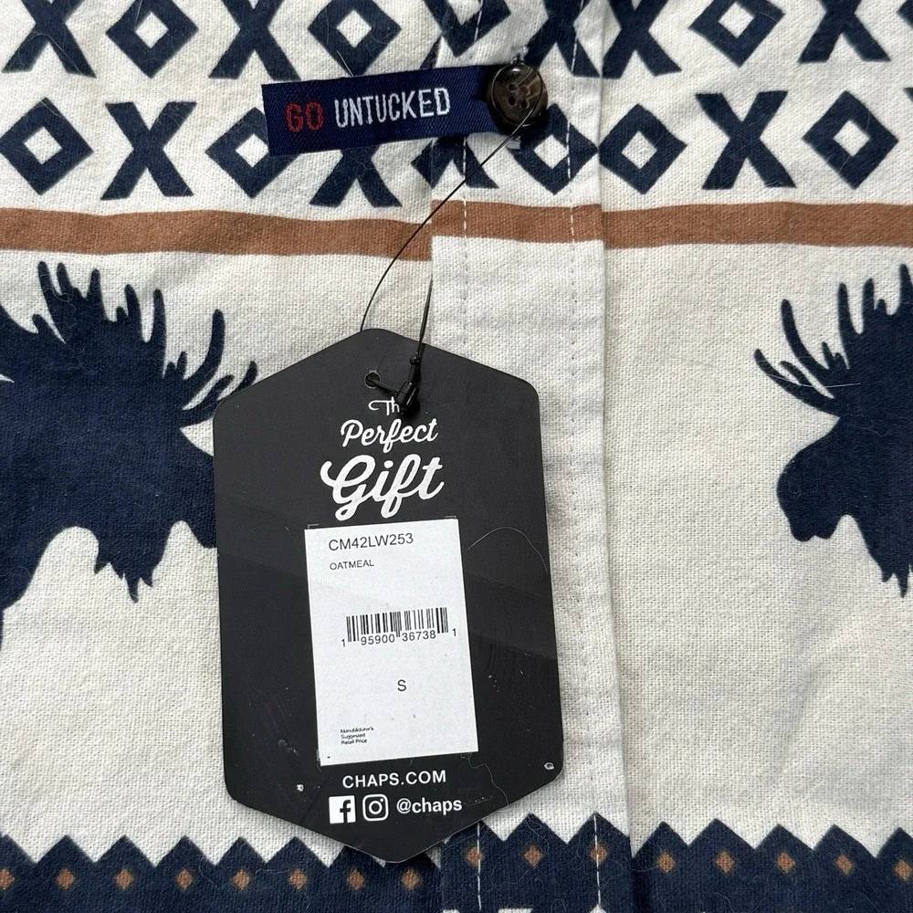Chaps Men's S Moose Print Button Down Shirt Untucked 100% Cotton NWT Cabin Core - Picture 3 of 12